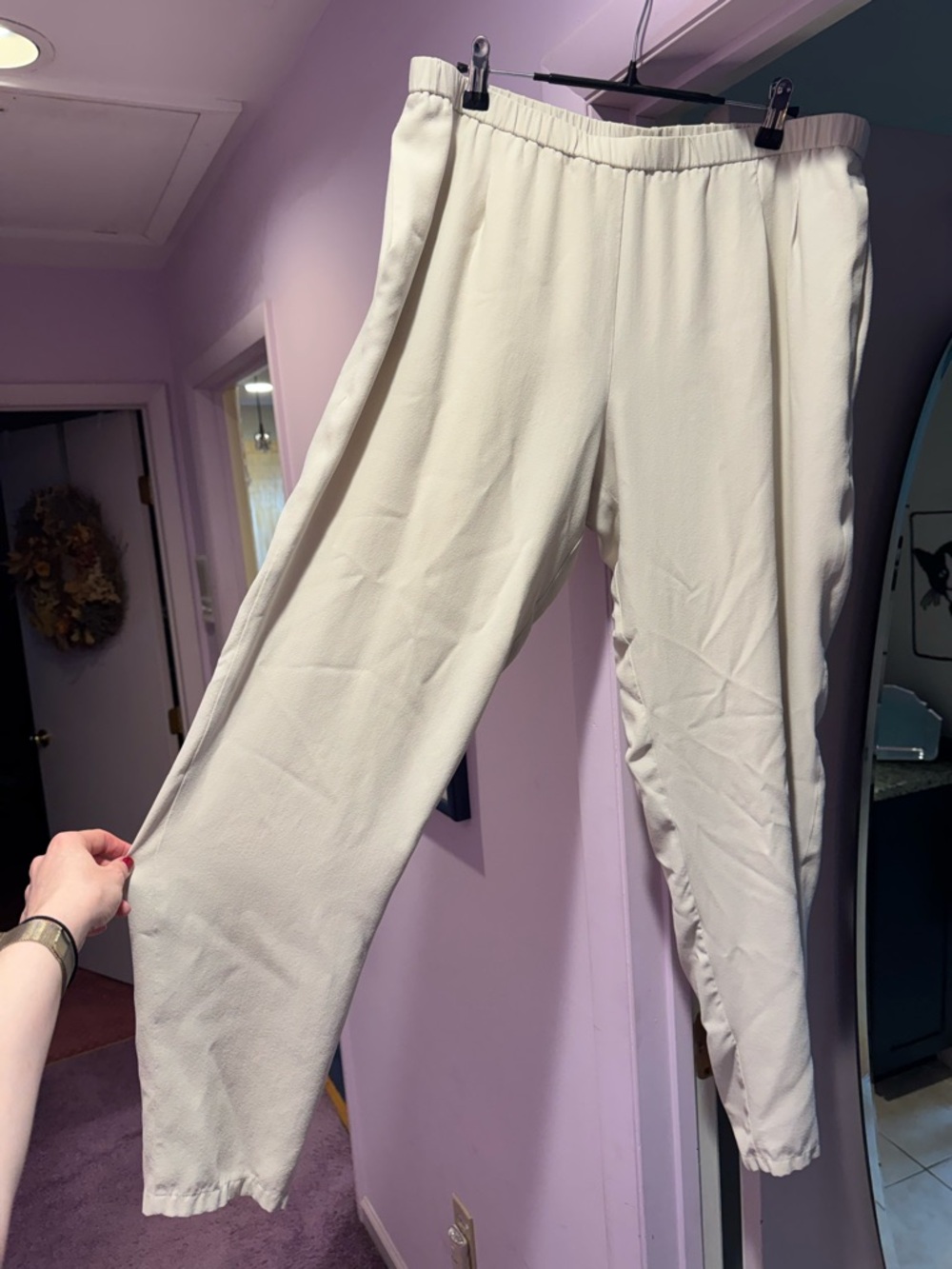Eileen Fisher Size L Soft Cream Elastic-Waist Silk Pull-On Pants